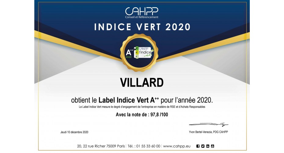 Développement durable et démarche RSE : Villard Médical lauréat 2020 de l'Indice Vert A++ de la centrale d'achats CAHPP.